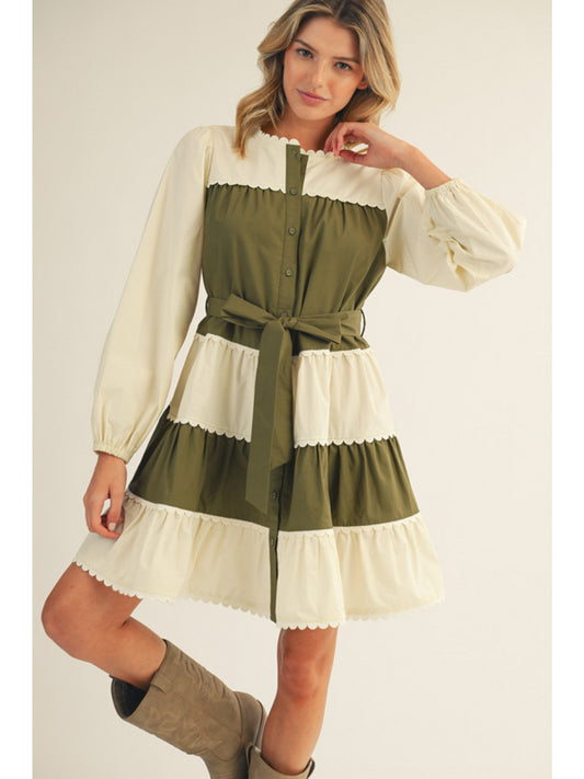 Olive/Cream Tiered Stripe Long Sleeve Mini Dress