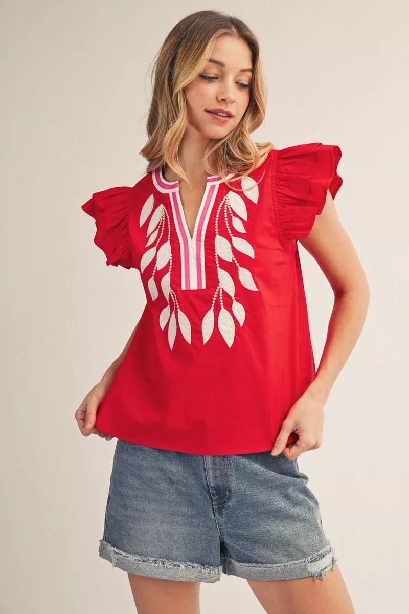 Red Embroidered Flutter Sleeve Blouse