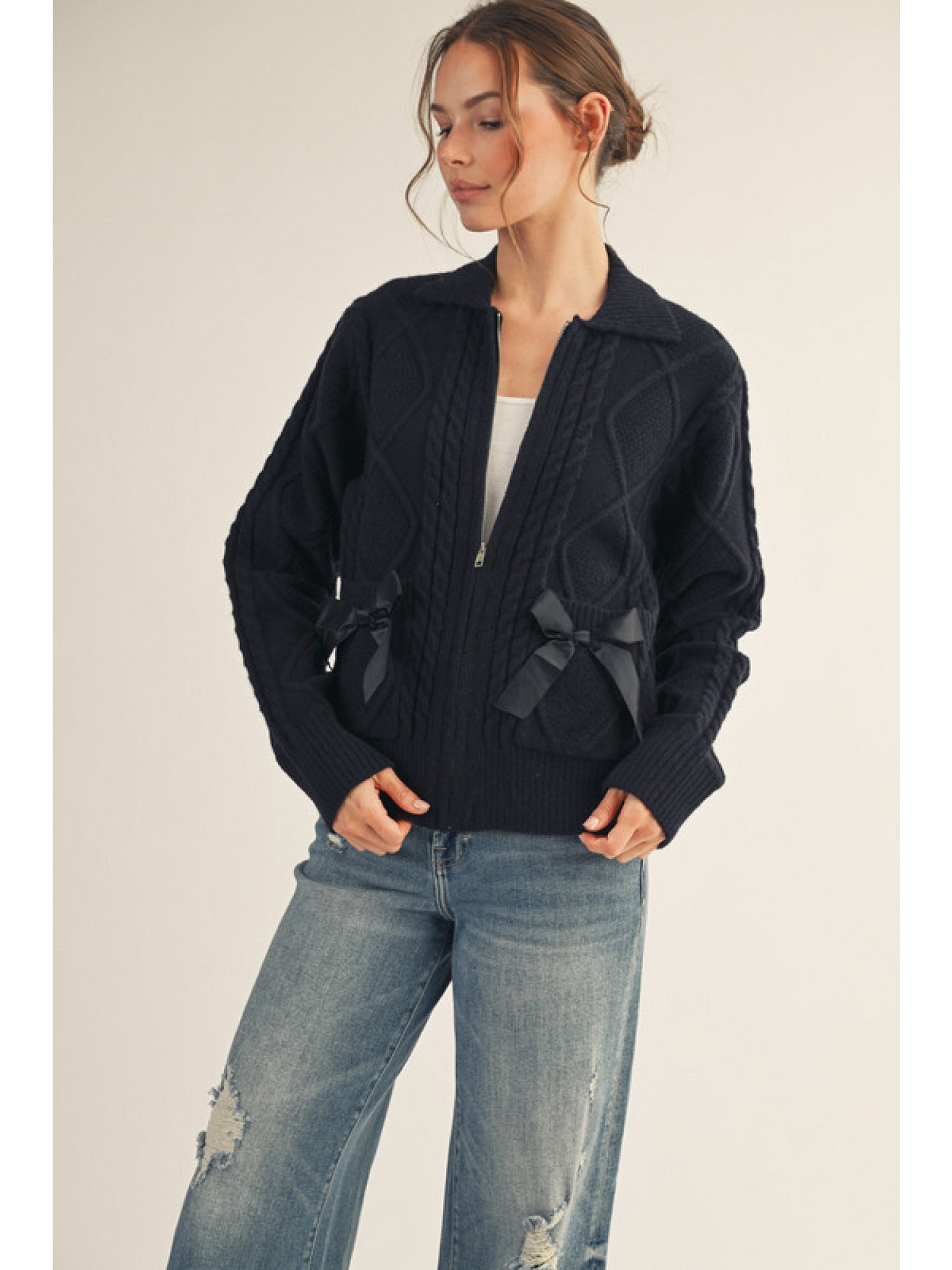 Cable Knit, Zipper Collared Sweater w/ Bow Pocket Details