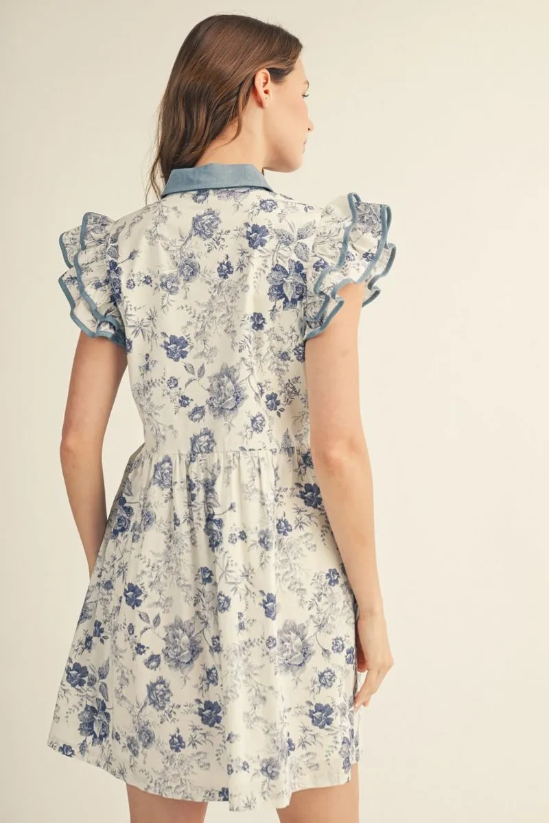 Blue Floral Button Up Collared, Tiered Mini Dress