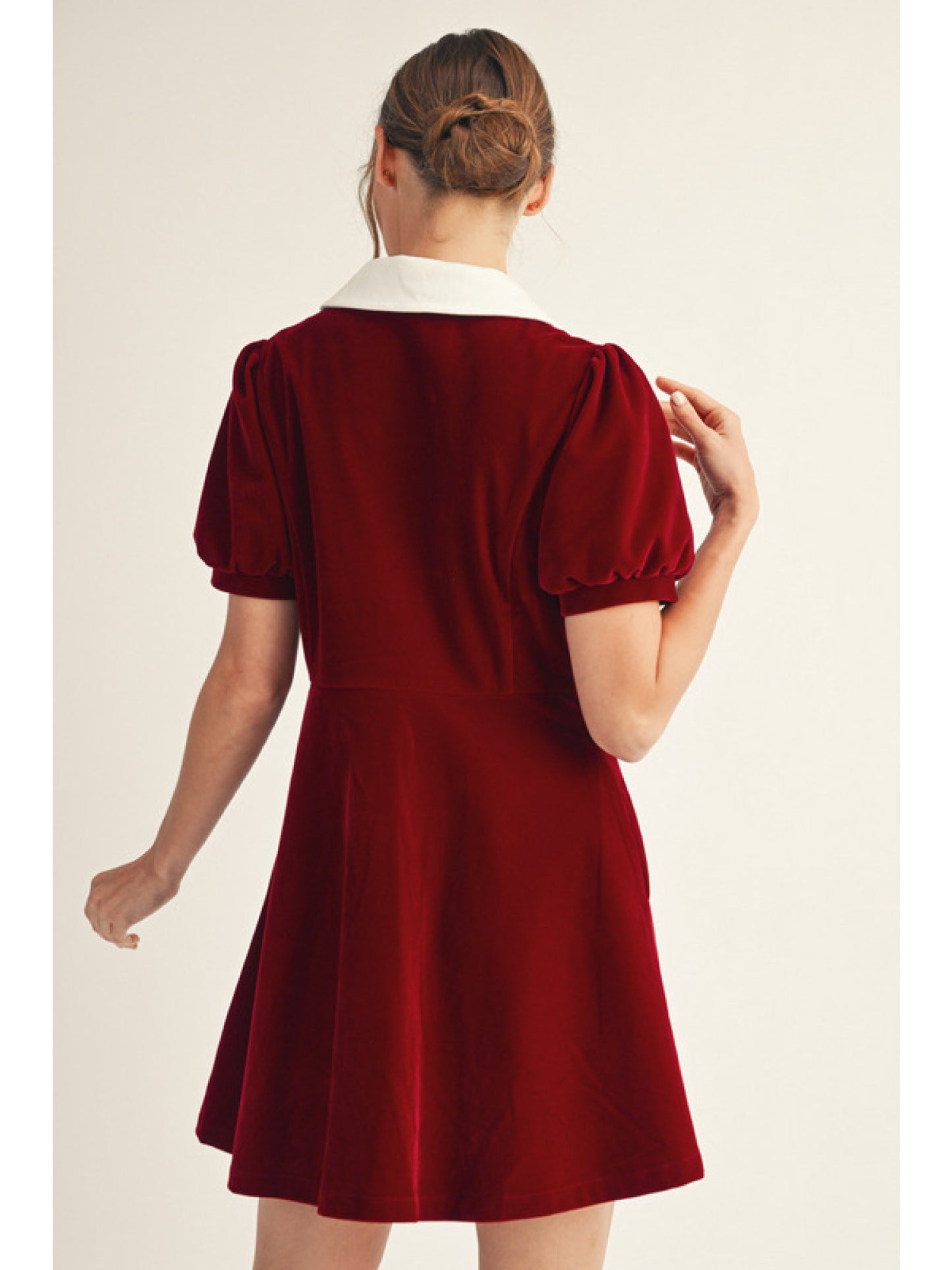 Burgundy Velvet Button Up Mini Dress w/ Peter Pan Collar