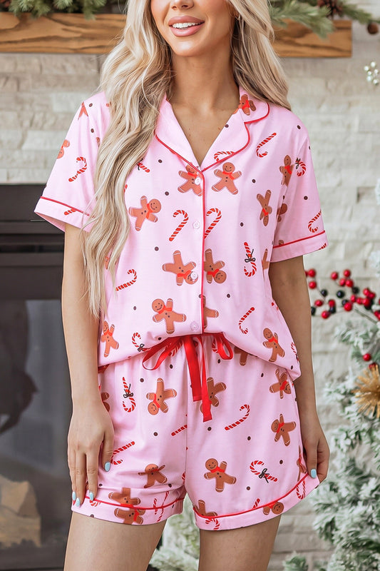 Pink Gingerbread Print Pajama Top + Shorts Set