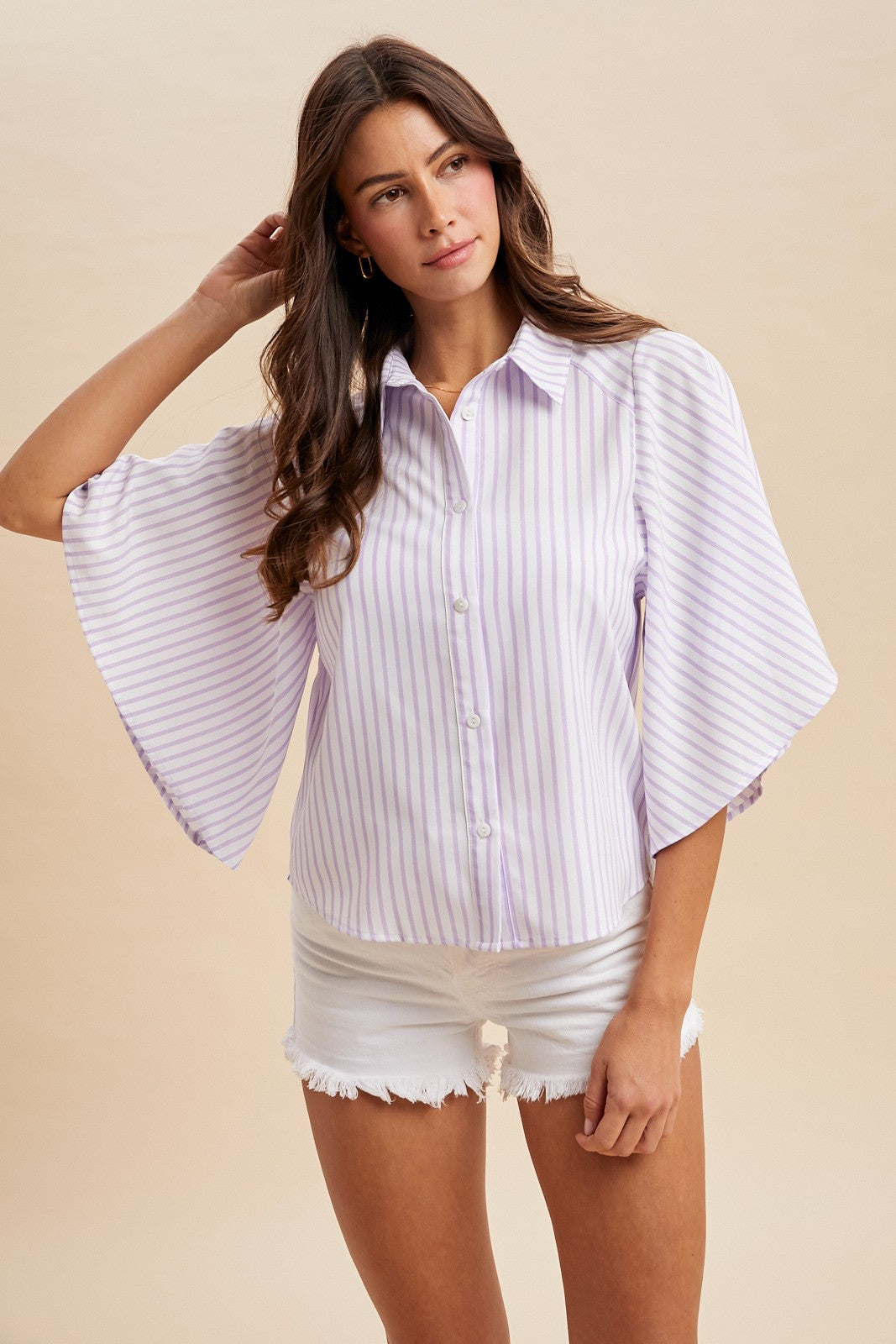 Lavender Striped Kimono Sleeve Button Down Shirt