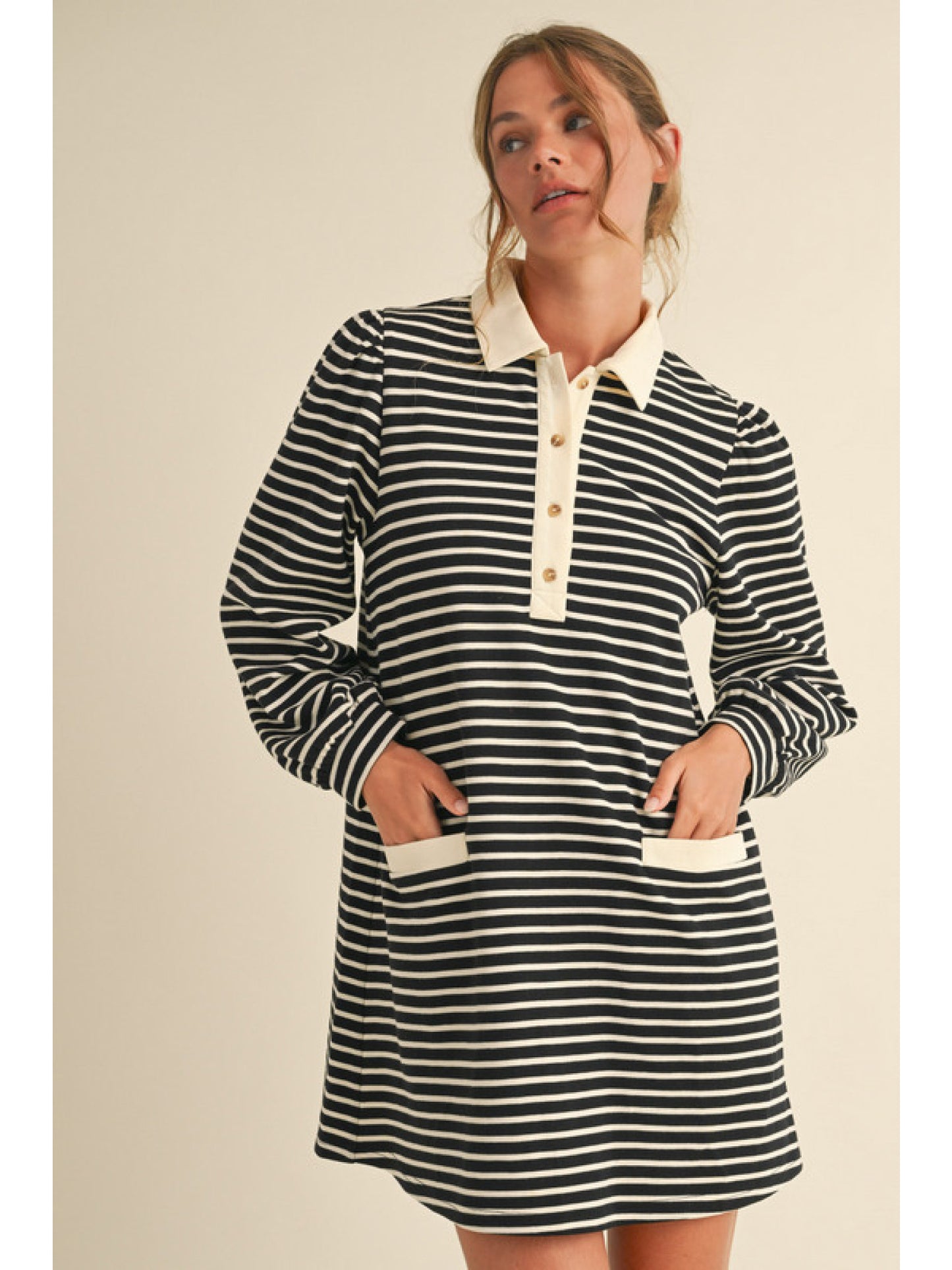 Black/Ivory Striped Long Sleeve Collared Mini Dress