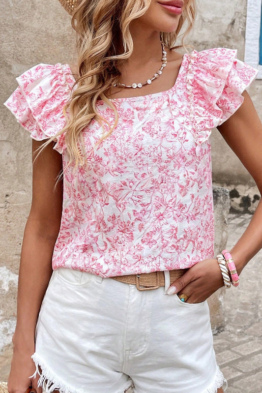 Pink Floral Print Sleeveless Top w/ Bow Detail on Back