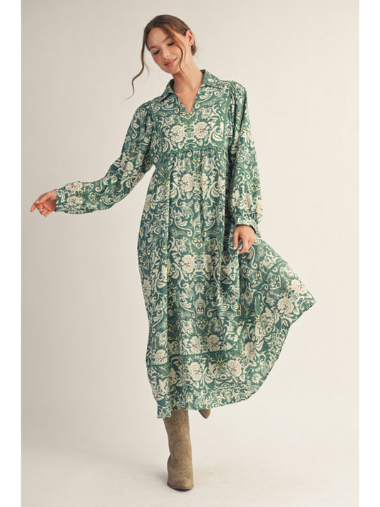 Green Floral Collared Long Sleeve Maxi Dress