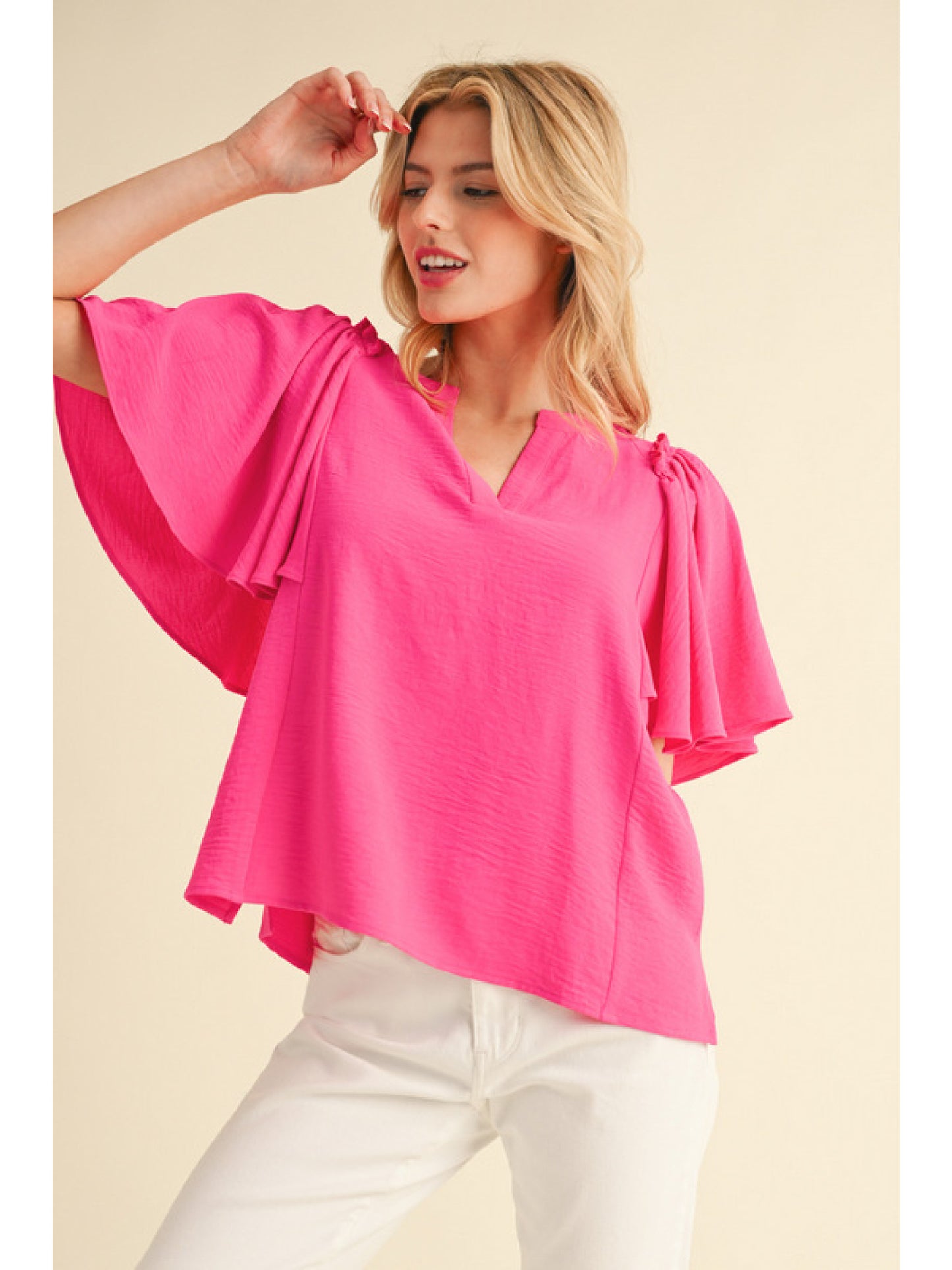 Hot Pink V-Neck Flutter Short Sleeve Blouse