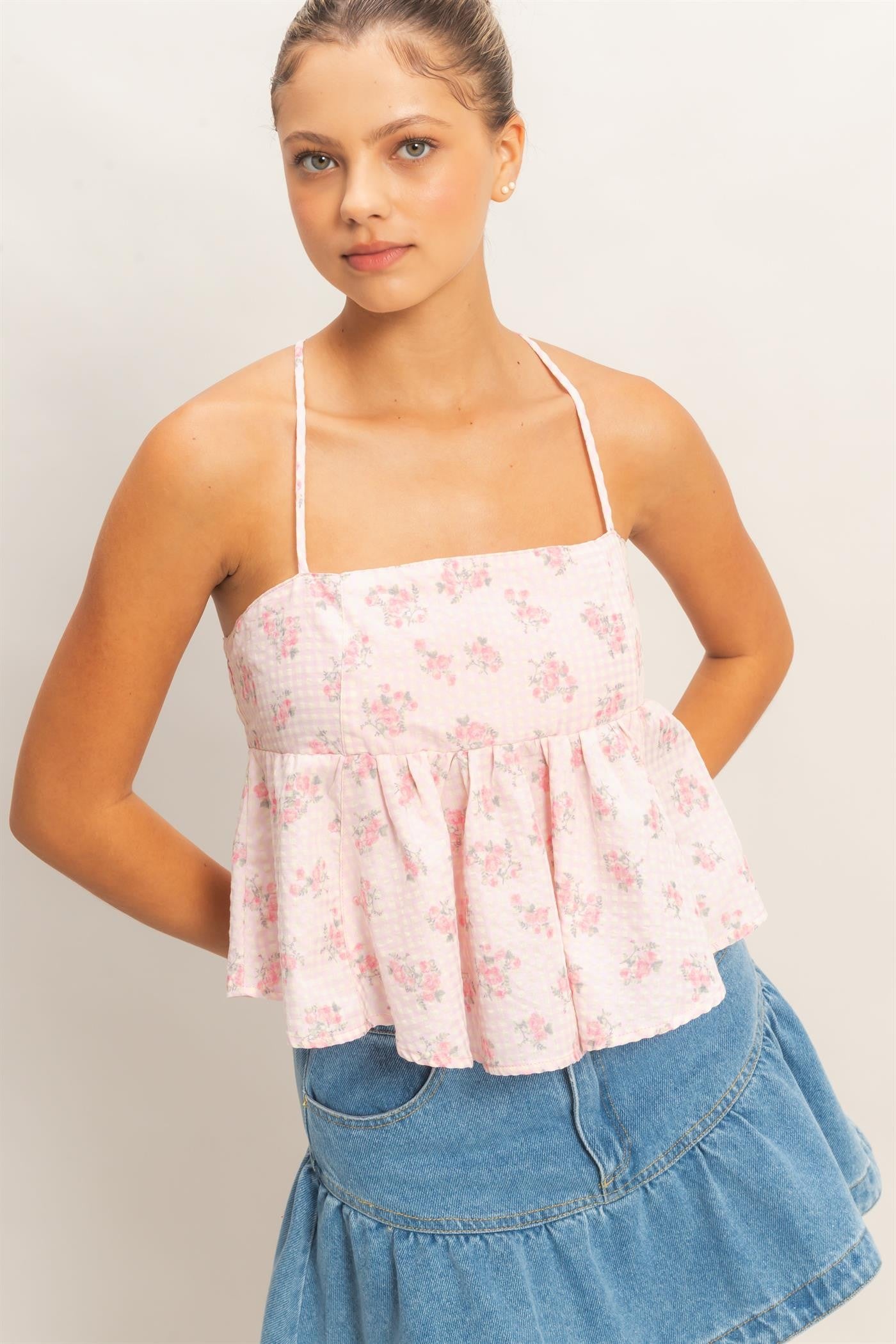 Pink Floral + Gingham Cropped Tank Top