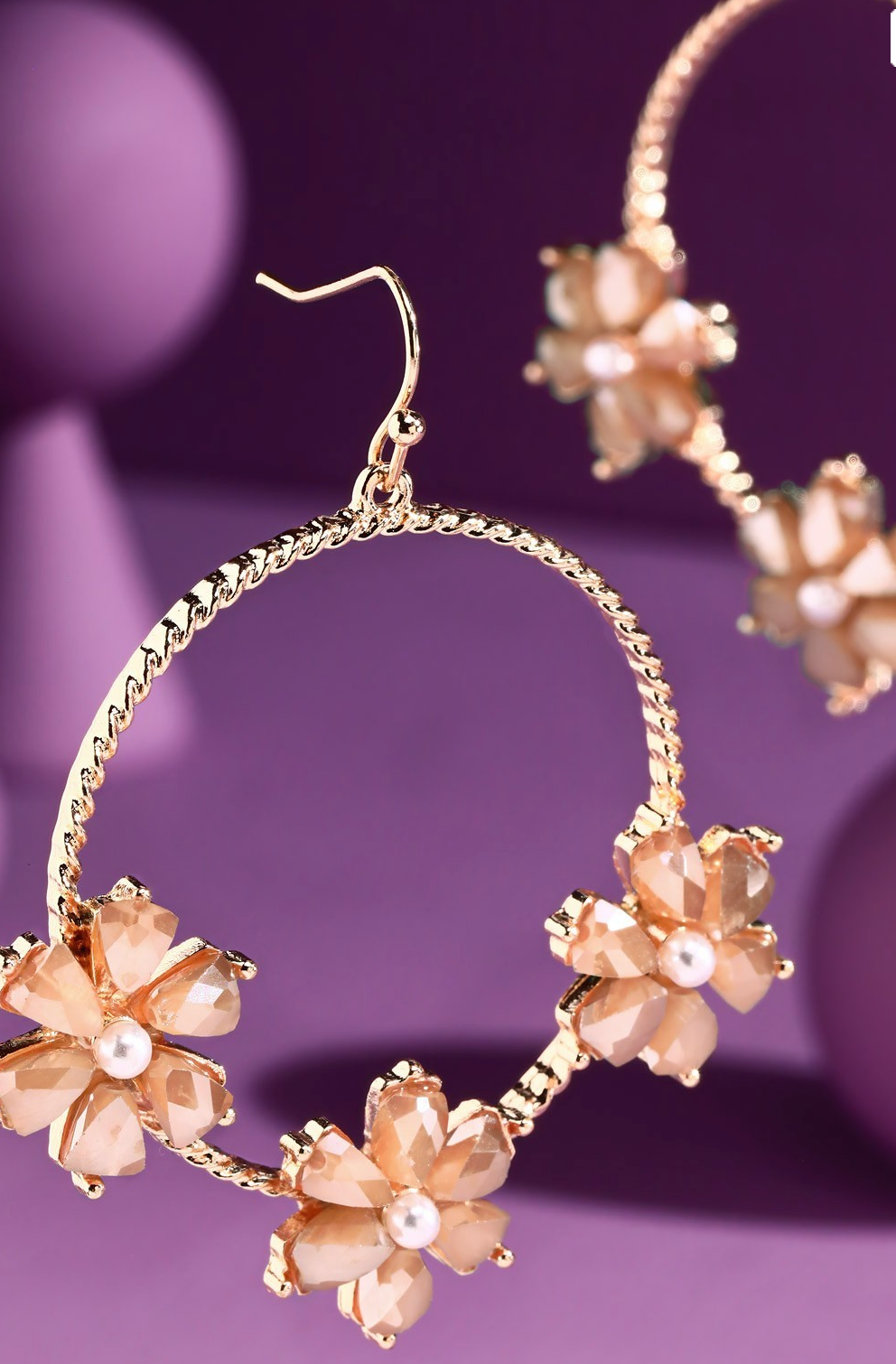 Wire Hoop Drop Earrings w/ Glass Flower Accents