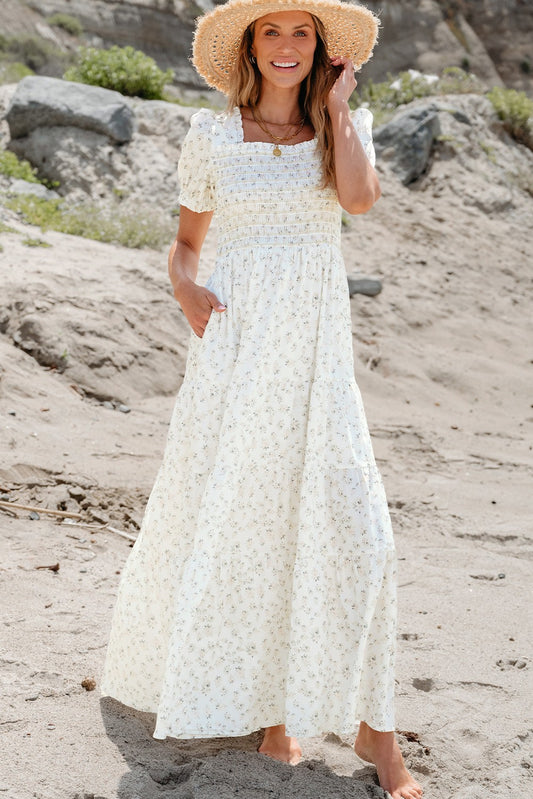 White Floral Smocked, Short Sleeve Tiered Maxi Dress