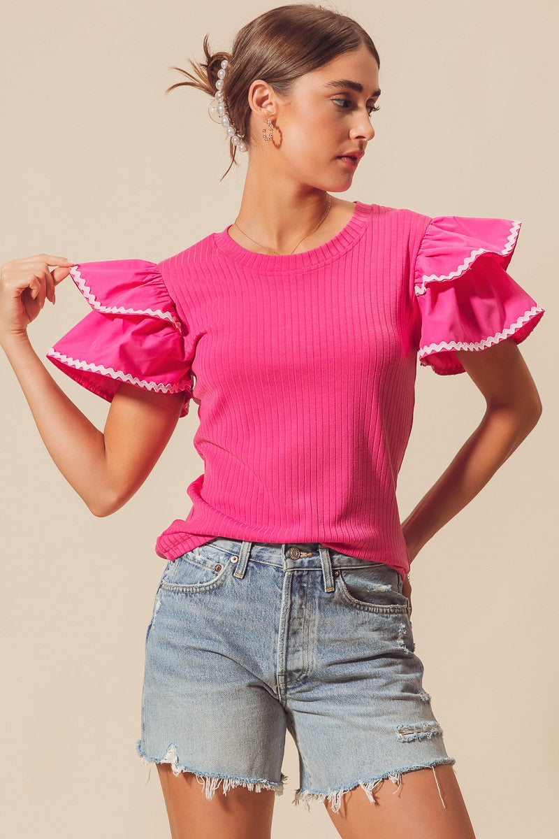 Ric Rac Trim Ruffled Sleeve Rib Knit Top