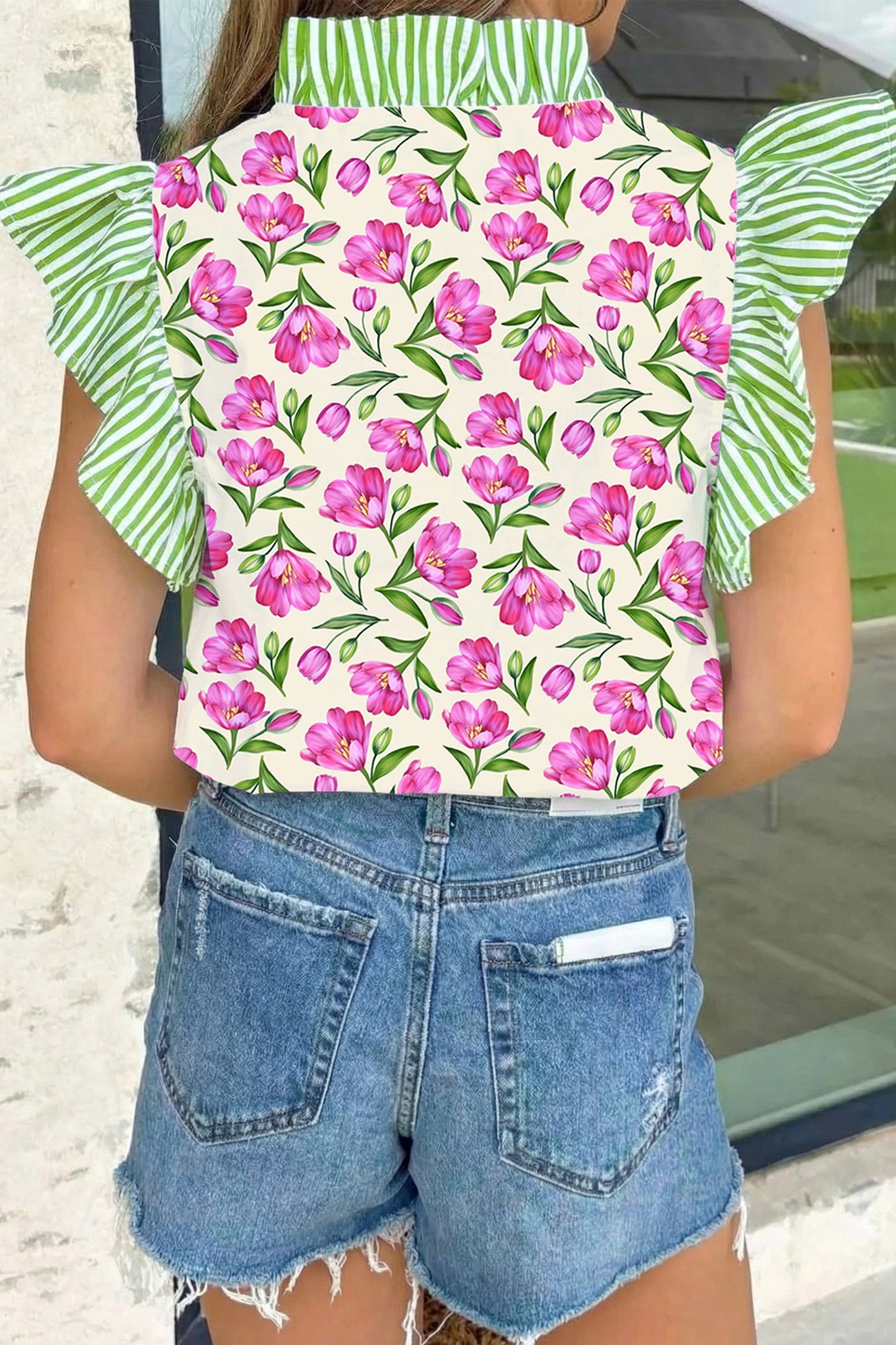 Multicolor Floral Print w/ Striped Ruffle Detail Blouse