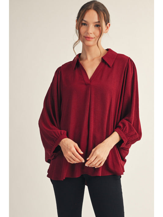 Burgundy Collared, Long Sleeve Balloon Blouse