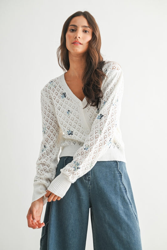 White Floral Embroidered Open Knit Crop Cardigan