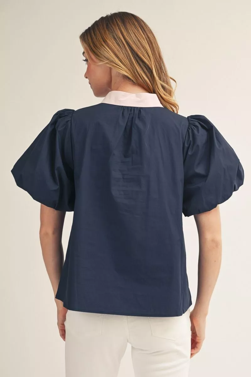 Navy Short Sleeve Blouse w/ Baby Pink Embellishments