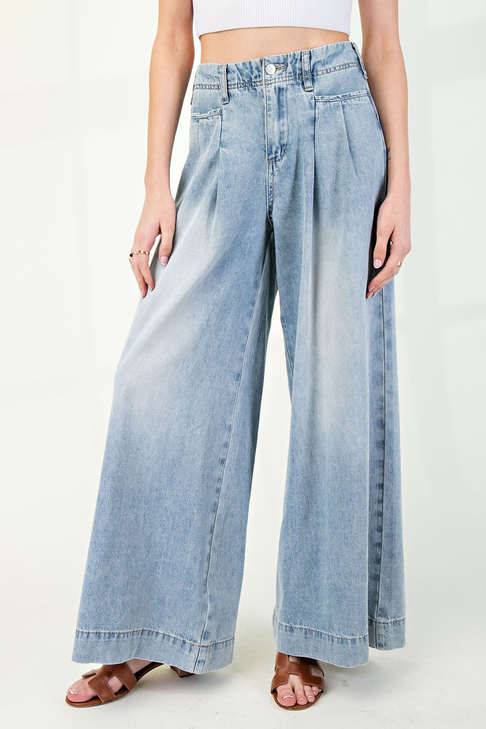 Denim Pleated Waist Wide Leg Pants