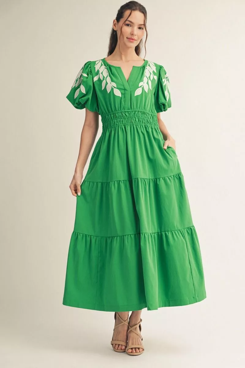 Short, Puff Sleeve Embroidered Neckline Maxi Dress