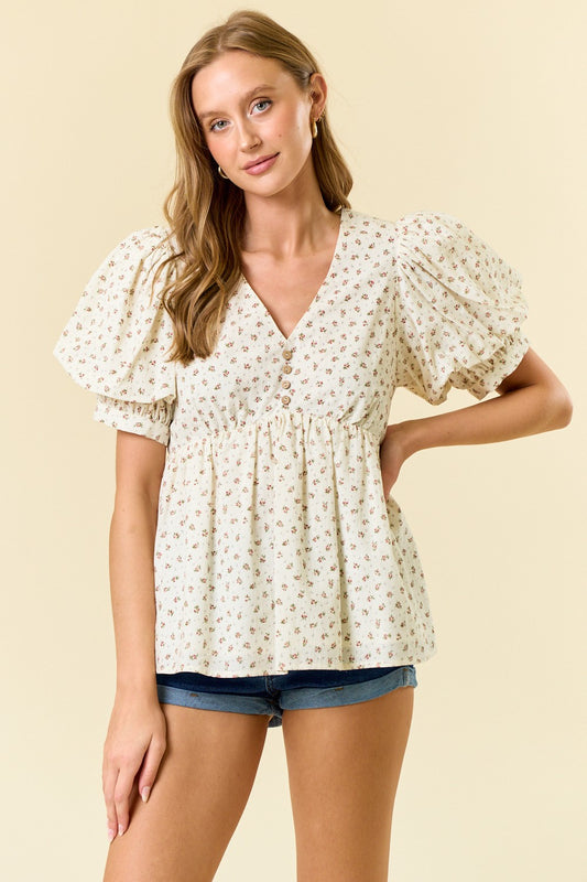 Ivory Floral Printed V-Neck Double Puff Sleeve Blouse