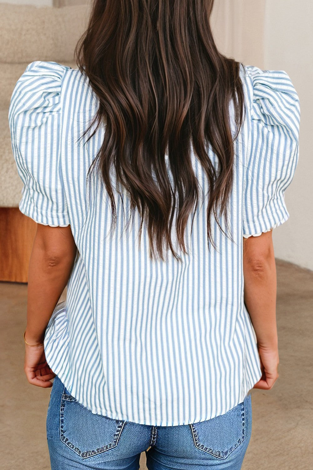Blue Striped Short Puff Sleeve Blouse w/ Animal Print Details
