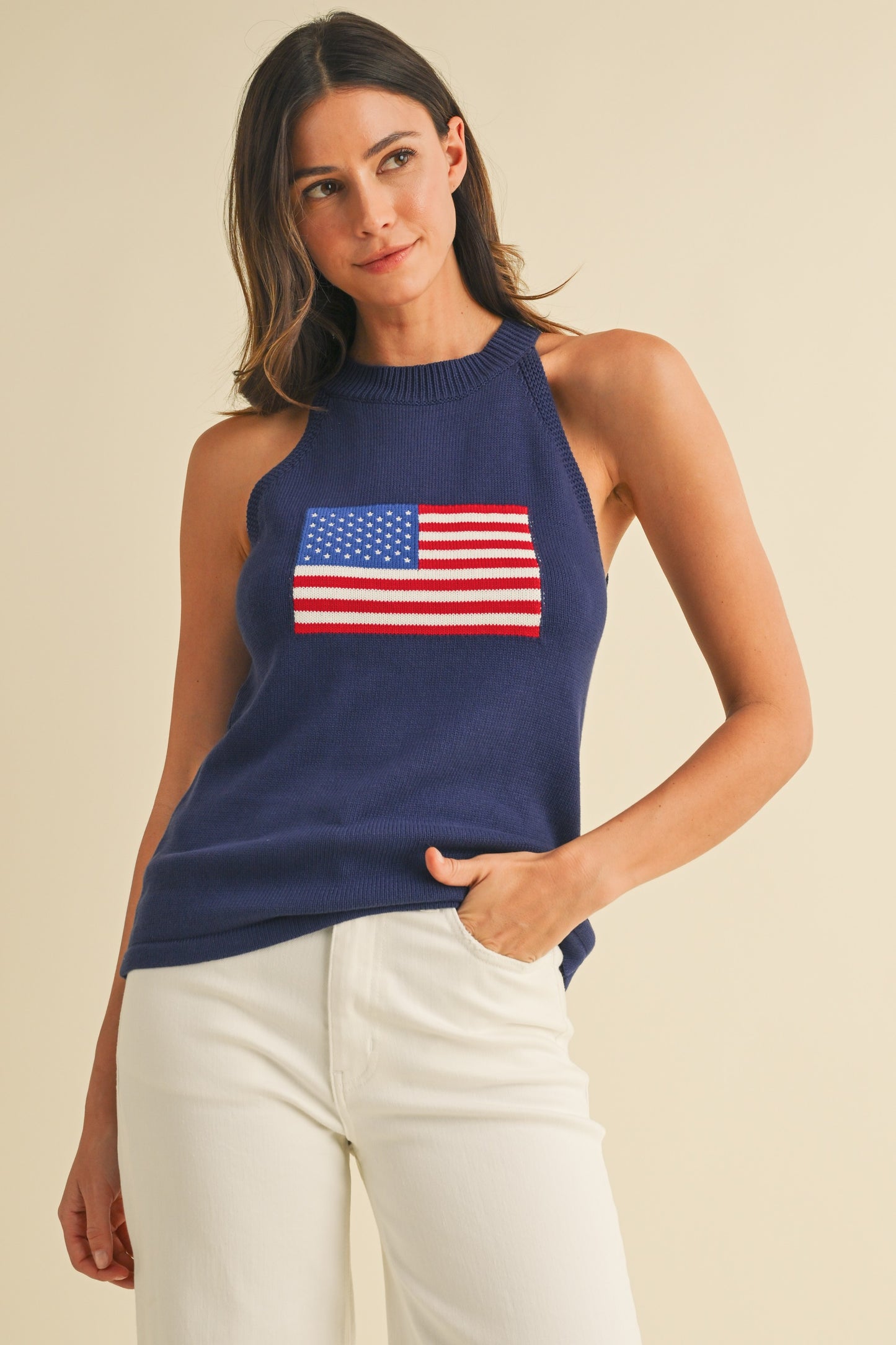 Navy American Flag Halter Neck Sweater Top