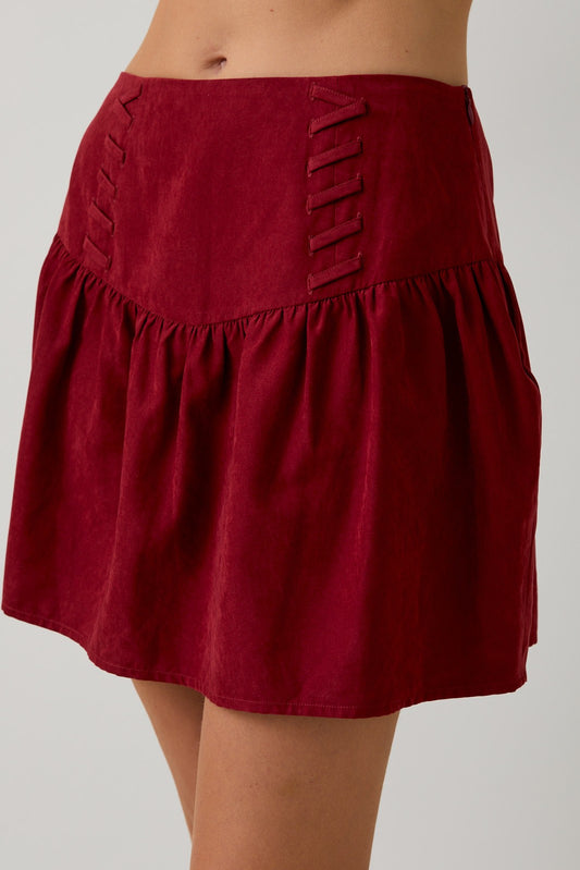 Burgundy Suede Lacing Detail Mini Skirt