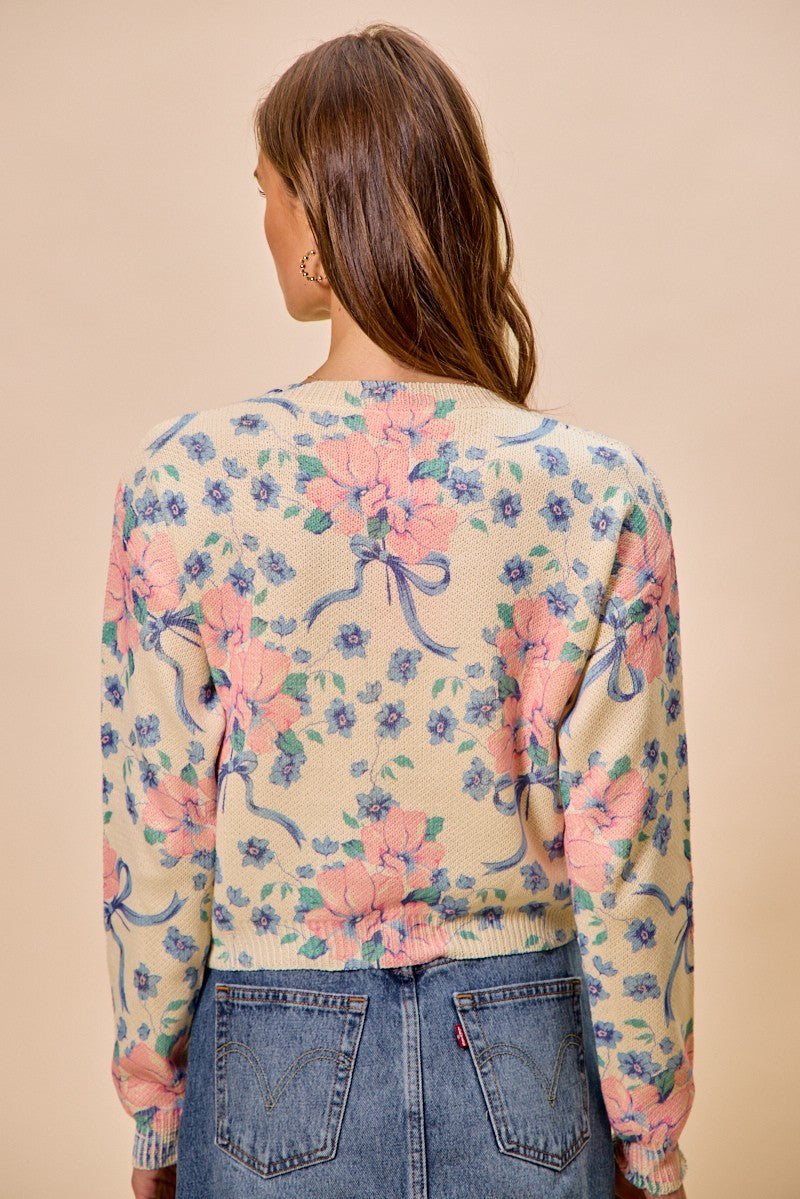 Petal Pink Floral Print Long Sleeve Cropped Waffle Knit