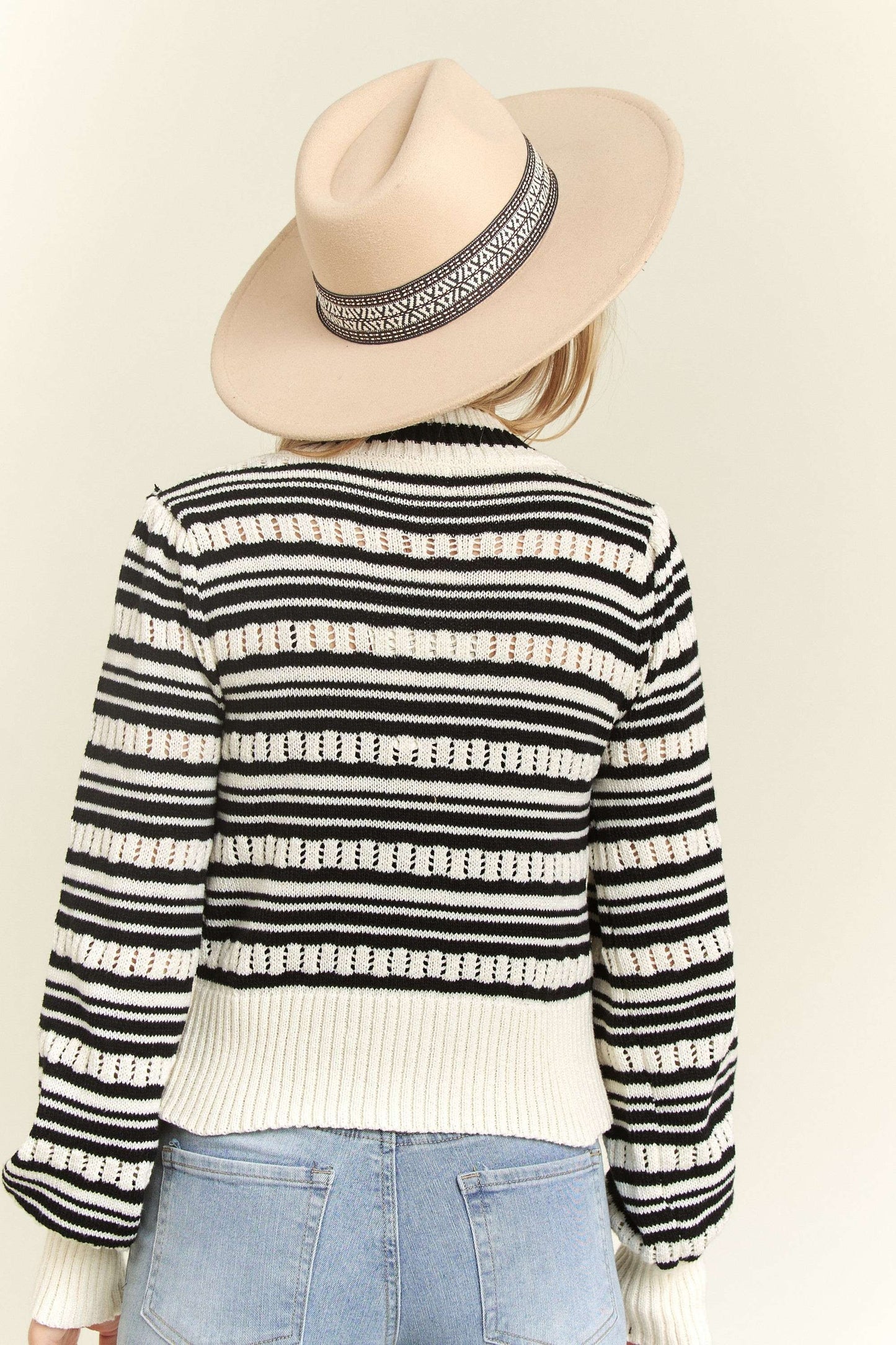 White/Black Bow Tie Striped Sweater Top