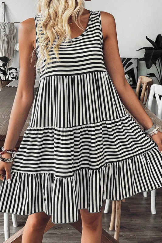 Black Striped Sleeveless Scoop Neck Casual Mini Dress