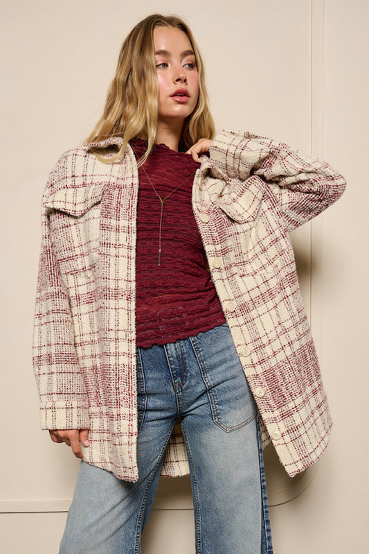 Burgundy/Cream Plaid Knit Shacket