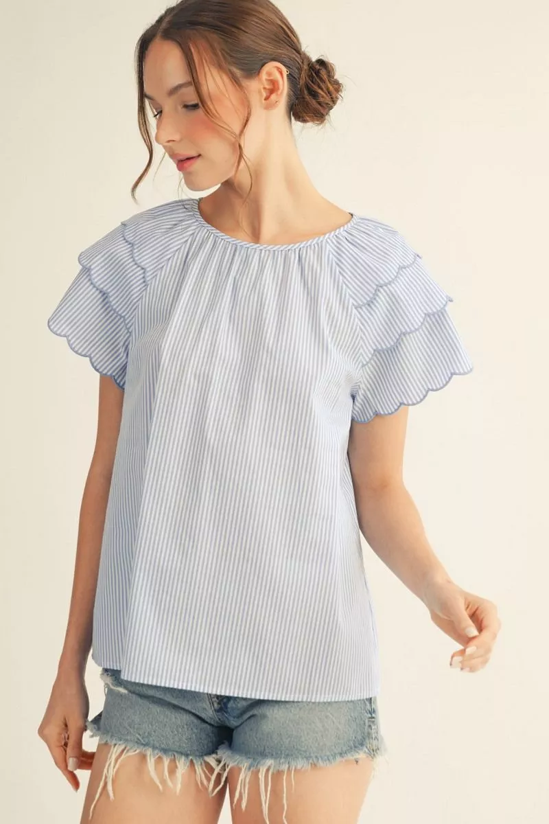 Blue Striped Scallop Trimmed Short Sleeve Blouse