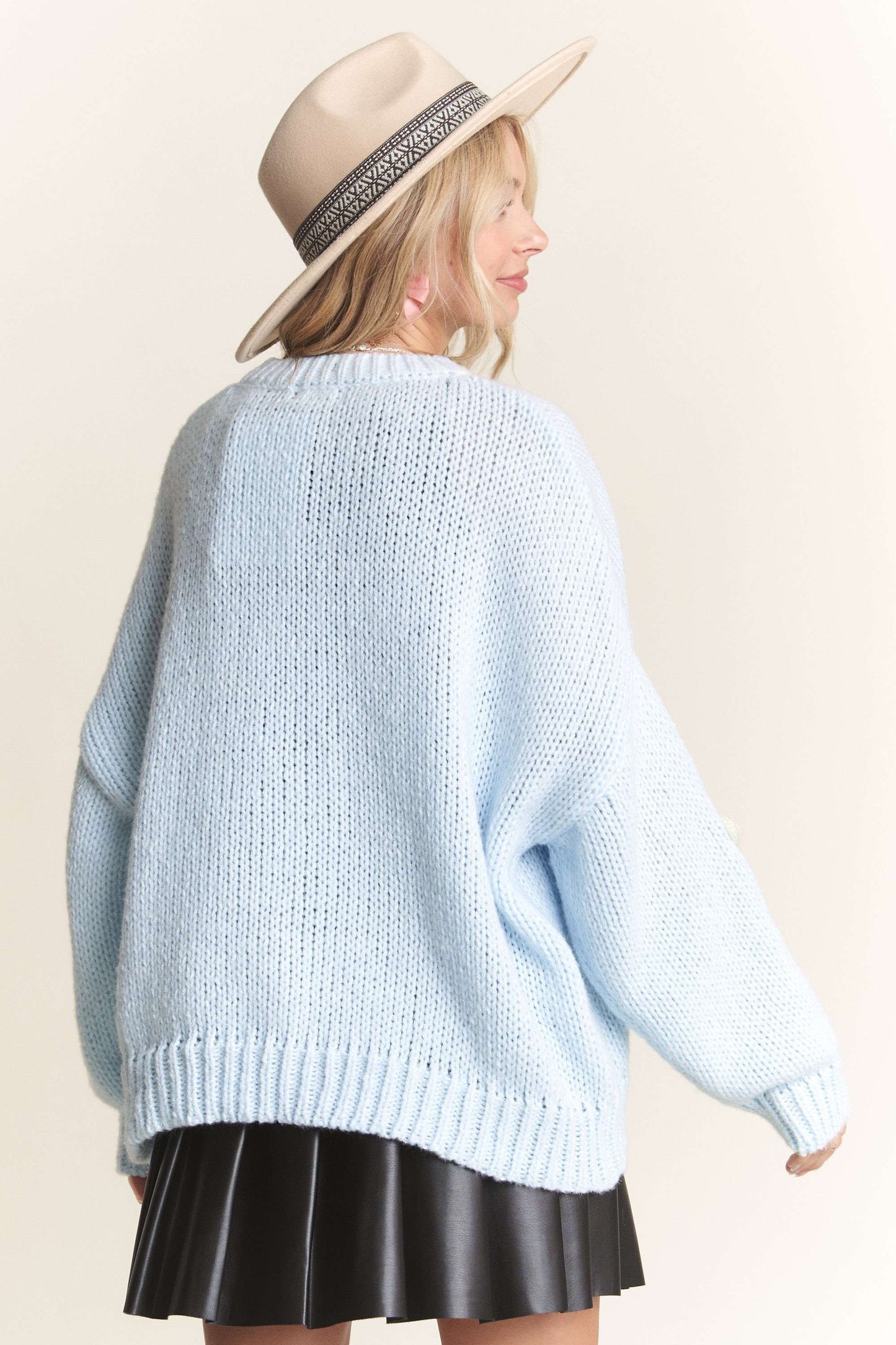 Sky Blue Chunky Knit Floral Sweater