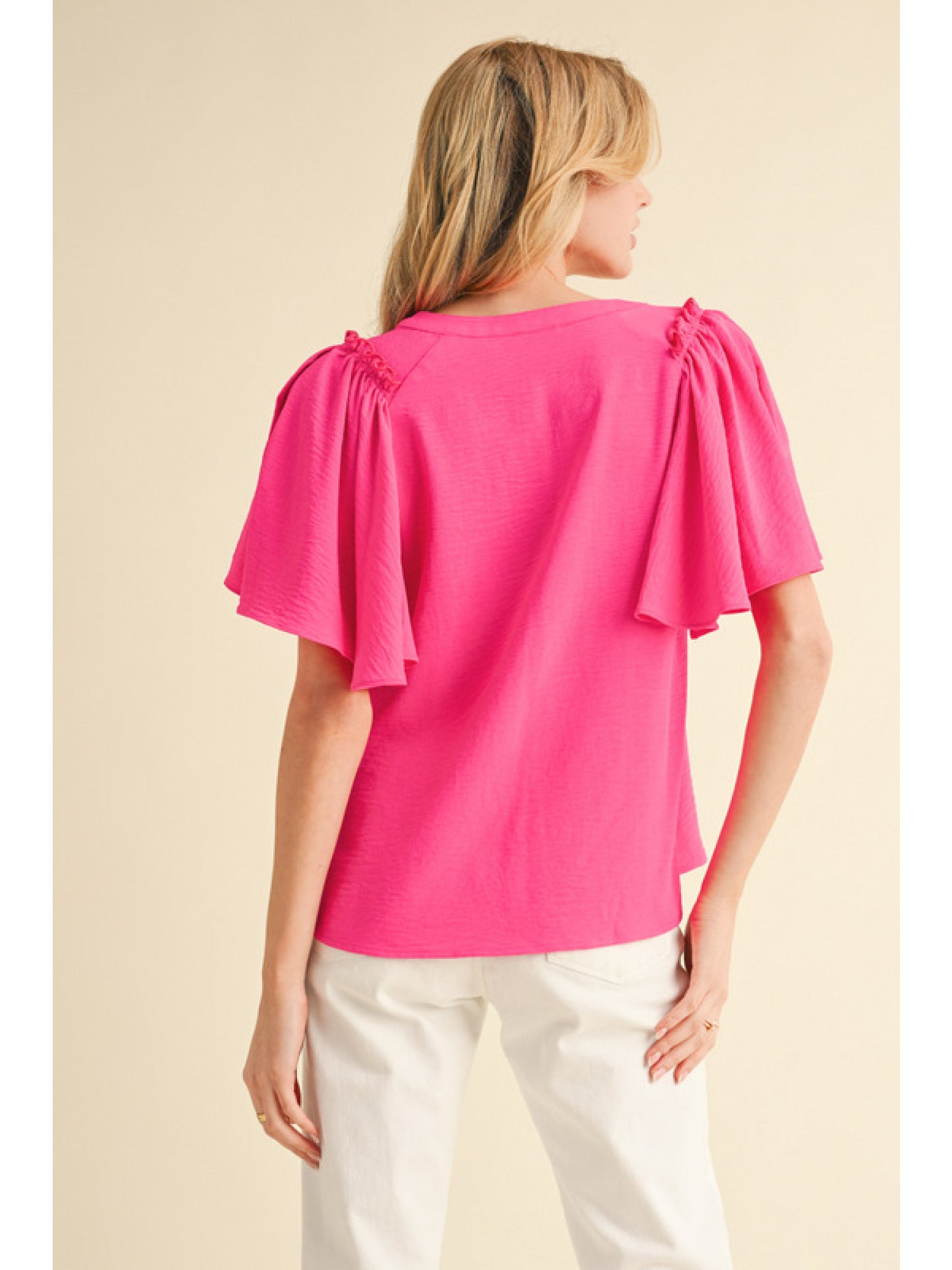 Hot Pink V-Neck Flutter Short Sleeve Blouse