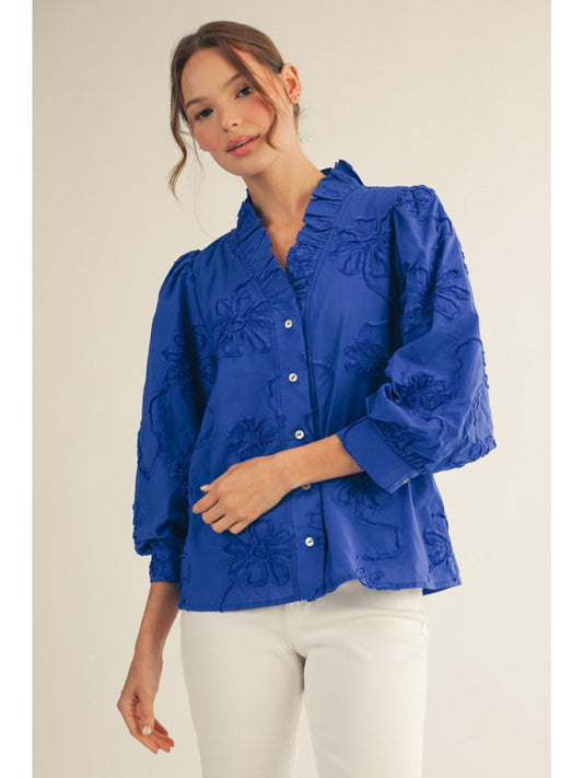 Royal Blue Floral Long Sleeve Blouse