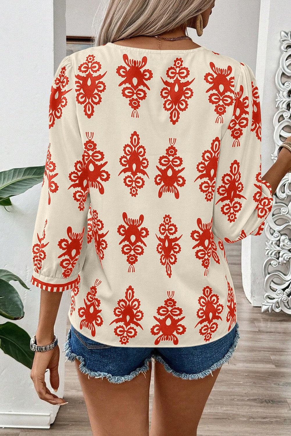 Orange & White Abstract Print V-Neck Blouse