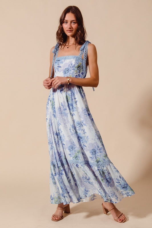 Blue Floral Flowy Maxi Dress w/ Ribbon Tie Strap