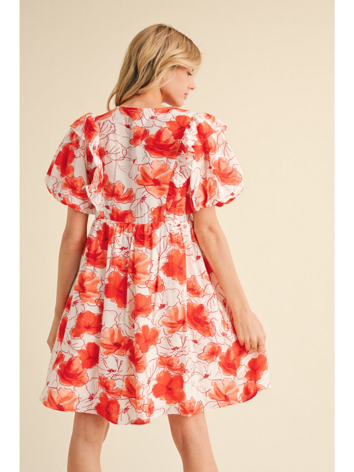 Coral Floral Puff Sleeve Mini Dress w/ Pockets