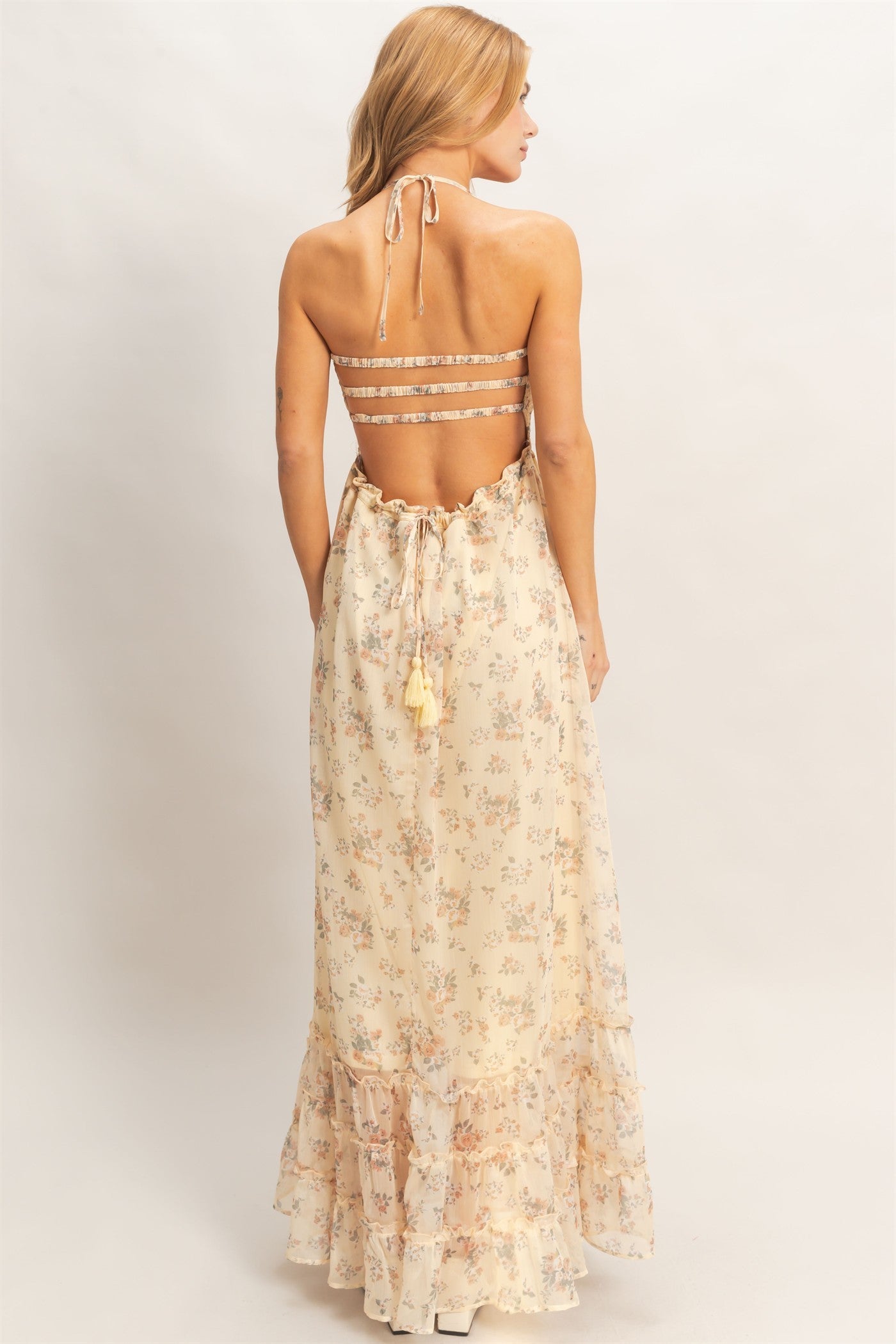 Light Yellow Floral Halter Flowy Maxi Dress