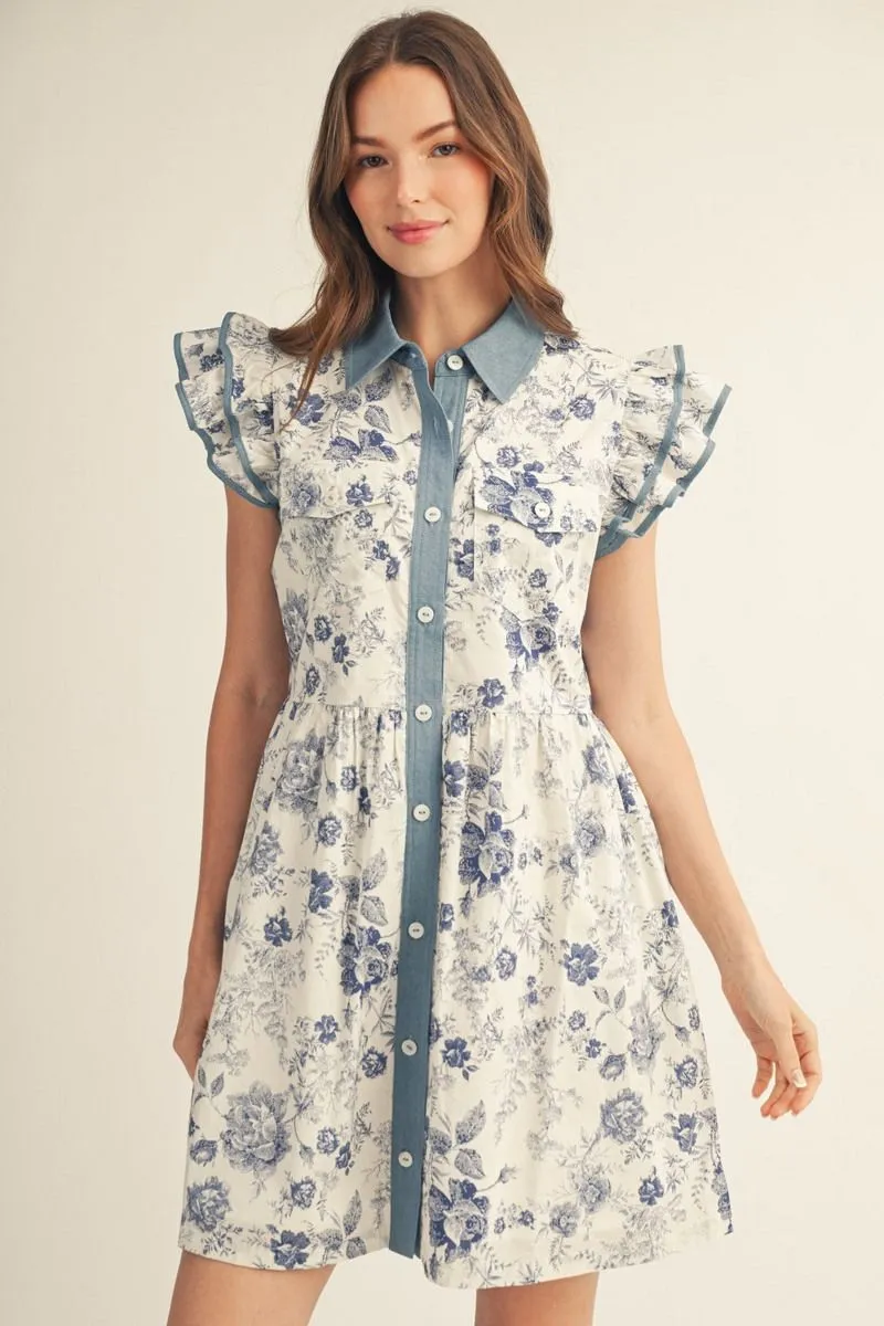 Blue Floral Button Up Collared, Tiered Mini Dress