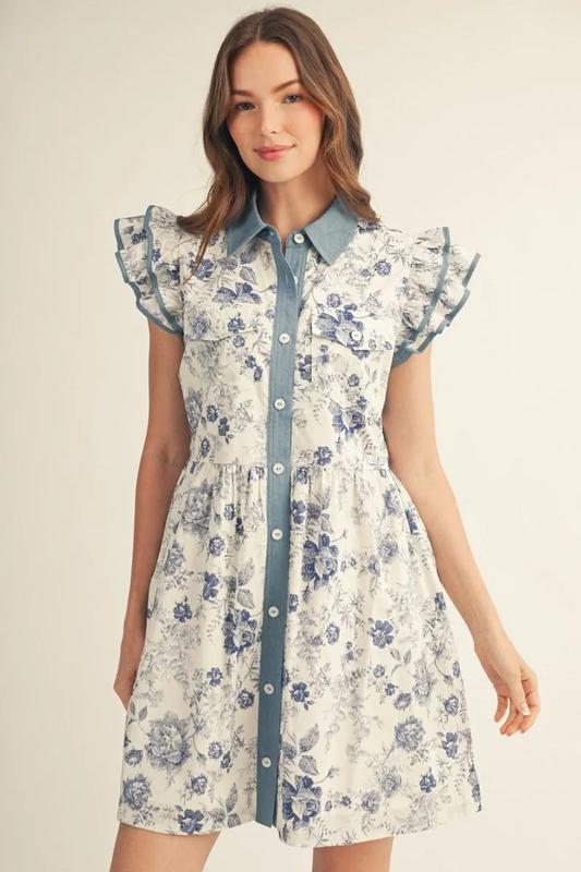 Blue Floral Button Up Collared, Tiered Mini Dress