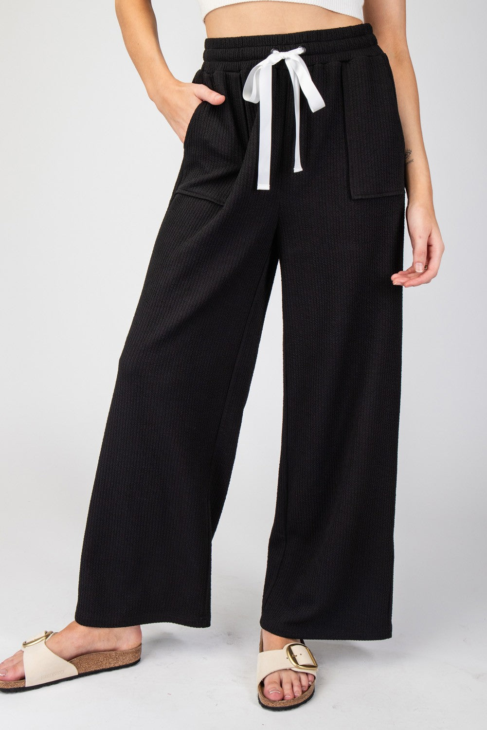 Textured Straight Leg Drawstring Leisure Pants