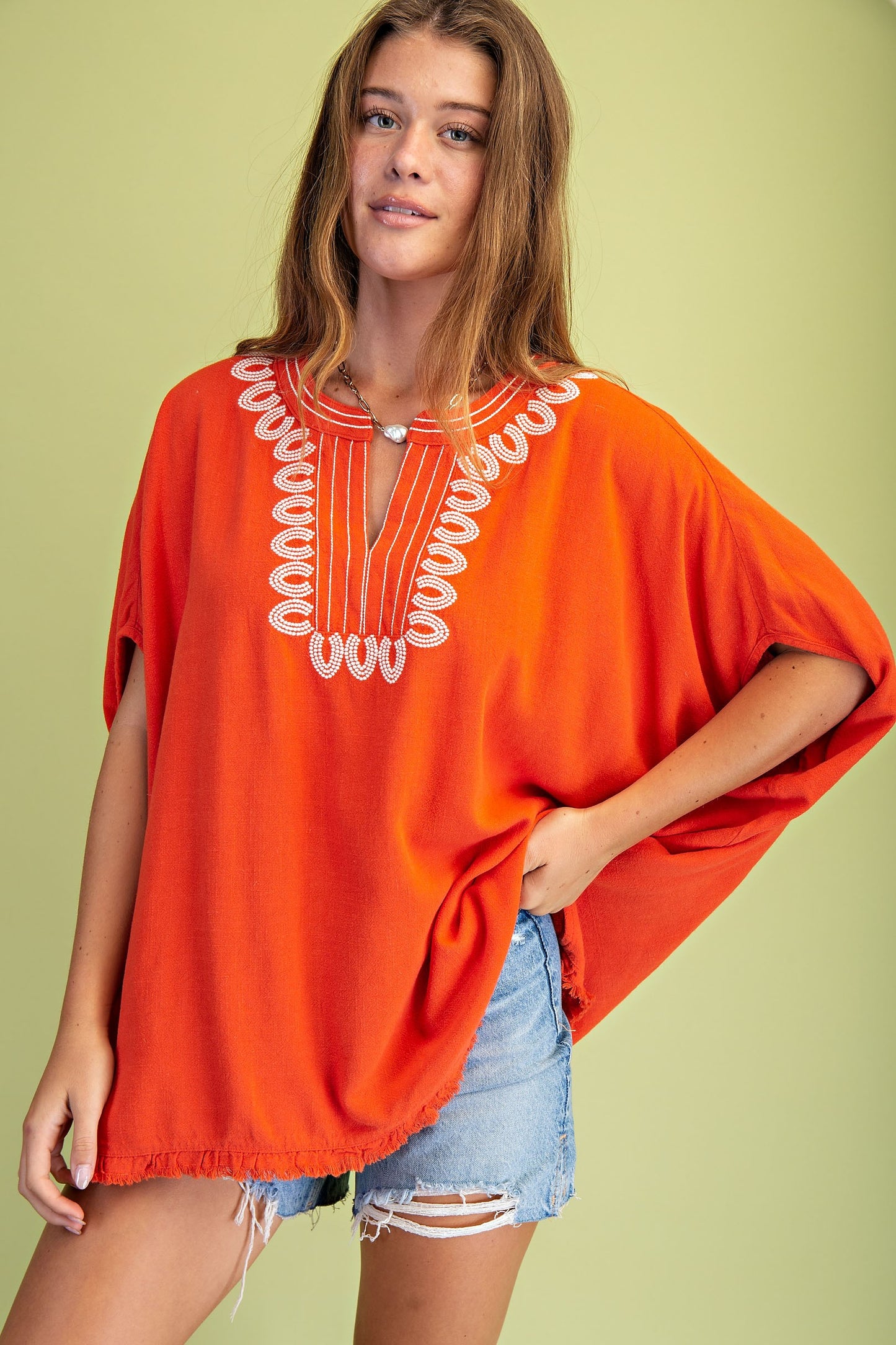 Tomato Red Linen V-Neck Blouse w/ Embroidery Details