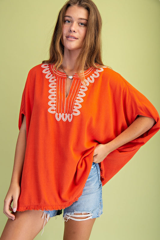 Tomato Red Linen V-Neck Blouse w/ Embroidery Details