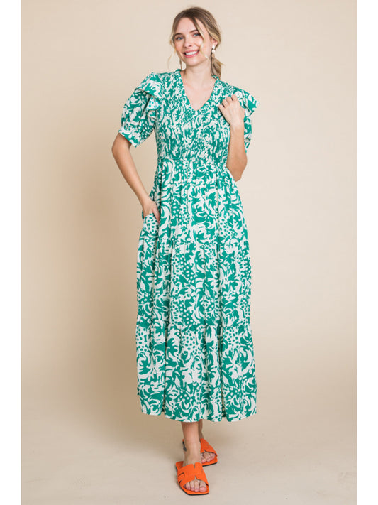 Green Patterned Short Sleeve Maxi Dress w/ Pockets