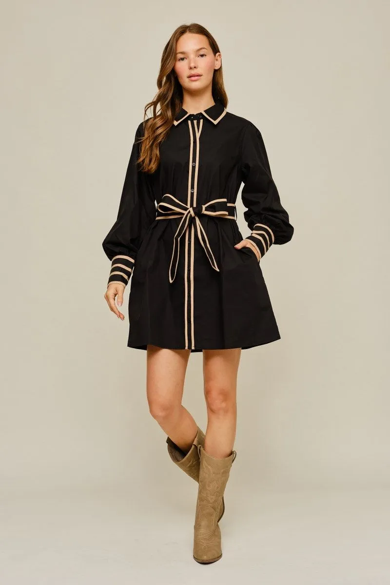 Black Collared Long Sleeve Mini Shirt Dress