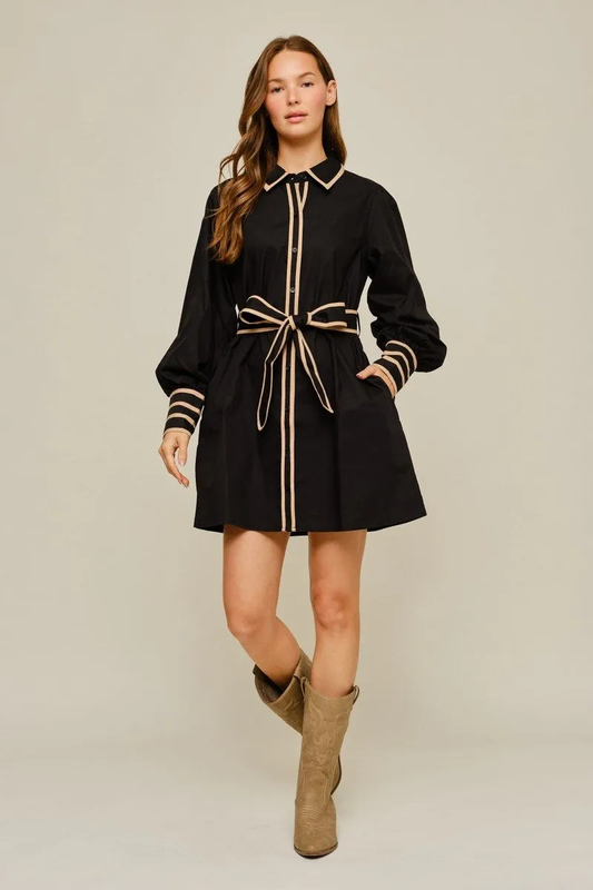 Black Collared Long Sleeve Mini Shirt Dress
