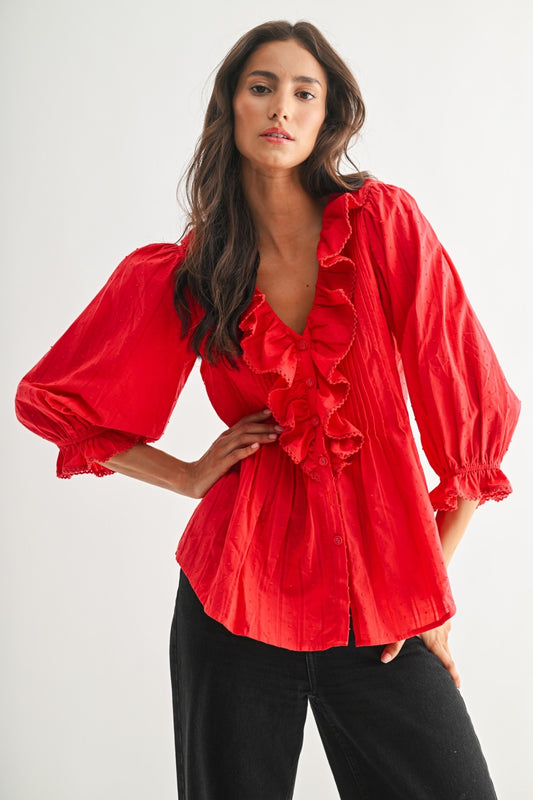 Red Ruffled, V-Neck 3/4 Sleeve Blouse