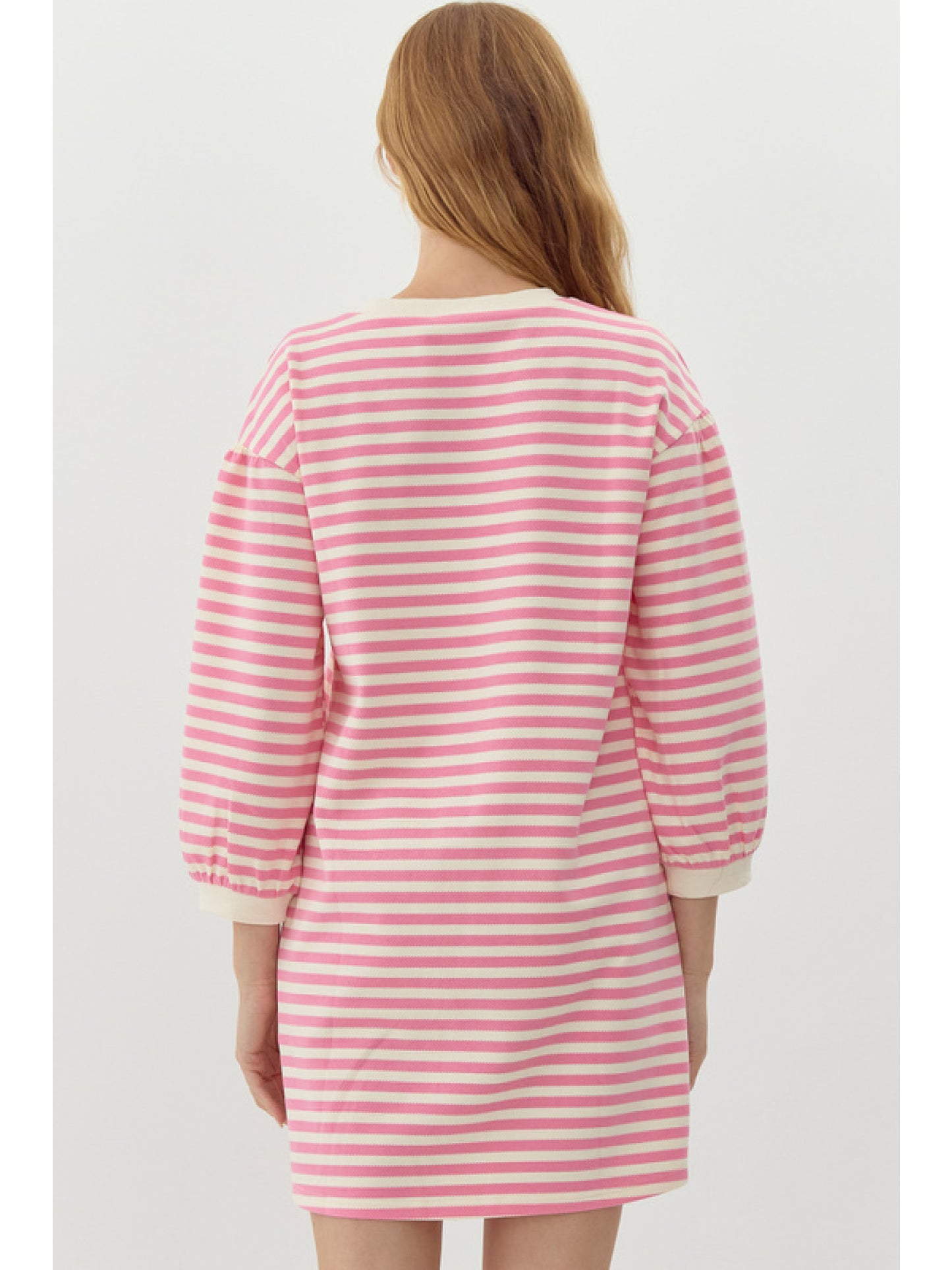 Pink Striped 3/4 Sleeve Mini Dress