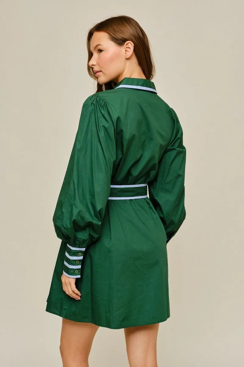 Hunter Green Collared Long Sleeve Mini Shirt Dress