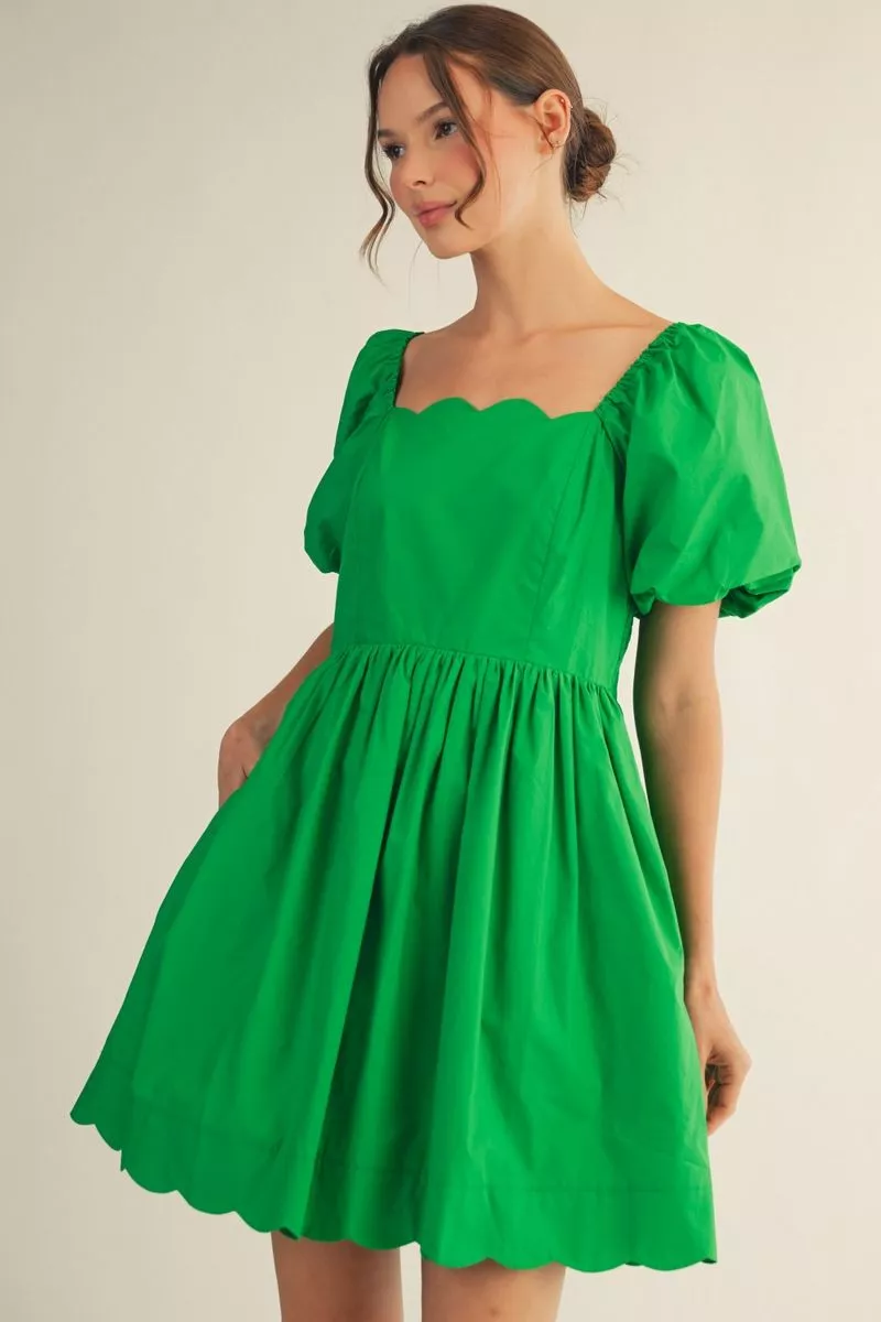 Kelly Green Scalloped Trim Puff Sleeve Mini Dress