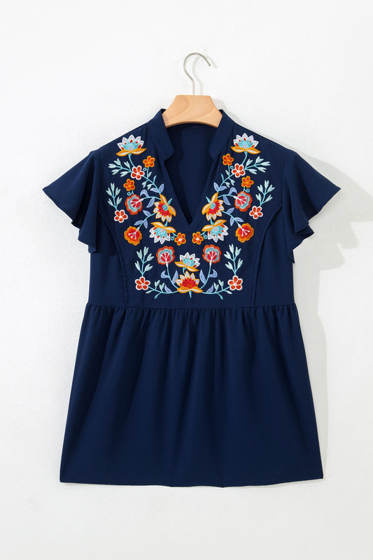 Navy Blue Babydoll Collared Embroidered Blouse